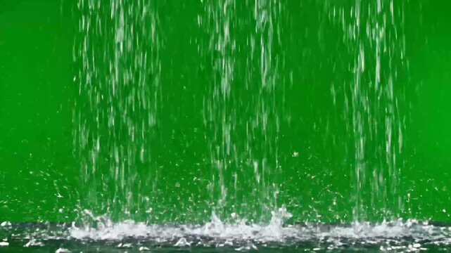 Water falling onto a surface from above, creating splashes, green screen