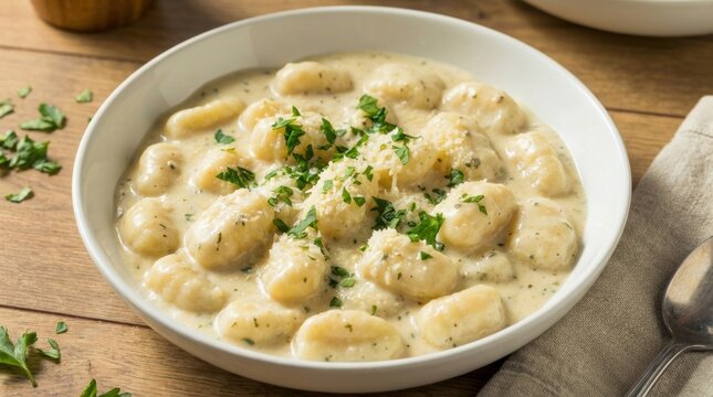 Creamy gnocchi served in a bowl with herbs on a wooden table
