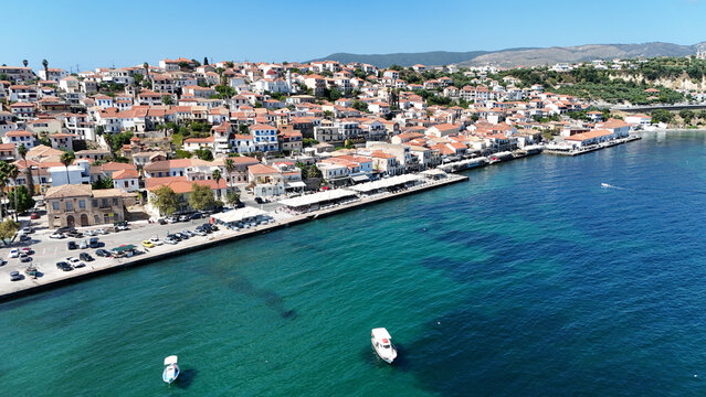 Aerial view of Koroni coastal town and waterfront in Messenia, Greece
