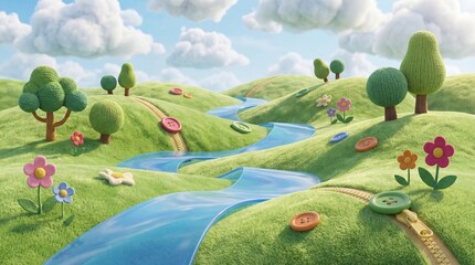 Naklejka premium 3D rendered landscape made of green felt hills, knitted trees and buttons. A whimsical handmade style scene suitable for children content, creative projects and fairy tales.