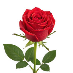 Fototapeta premium A single, vibrant red rose with lush green leaves in full bloom isolated on transparent background