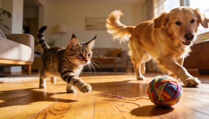 Playful Cat and Dog Chasing a Colorful Yarn Ball in a Sunlit Room