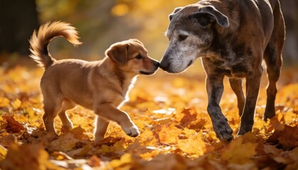 Puppy and Adult Dog Interacting in Autumn Leaves