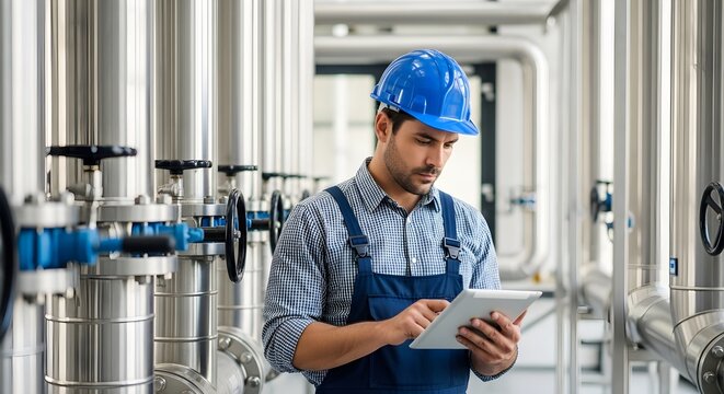 Industrial Engineer Inspecting Pipes and Valves with Digital Tablet in Modern Factory.