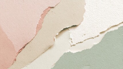 layered torn paper collage, soft pastel pink beige and sage green textures, subtle paper grain, clean abstract composition, modern editorial
