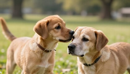 Two Cute Labrador Puppies Playfully Interacting in a Green Park