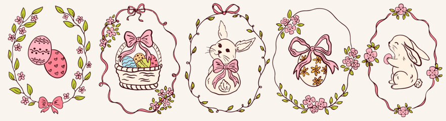 Hand drawn whimsical greeting cards for Easter day. Vintage coquette frames with bows, flower and ribbons, cute bunny, basket, eggs. Vector template for poster, banner, party invitation, greeting card © PawLoveArt