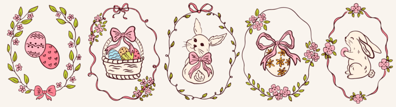 Hand drawn whimsical greeting cards for Easter day. Vintage coquette frames with bows, flower and ribbons, cute bunny, basket, eggs. Vector template for poster, banner, party invitation, greeting card