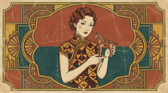 Thoughtful vintage Chinese woman in traditional cheongsam dress holds horse figurine. This elegant retro illustration features an ornate art deco style frame and aged texture