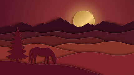 Fototapeta premium Calm and peaceful landscape illustration at sunset. paper art design shows horse silhouette grazing near mountain range for beautiful, serene view of nature