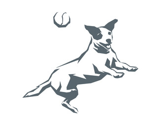 Dog chasing ball silhouette vector illustration geometric style
