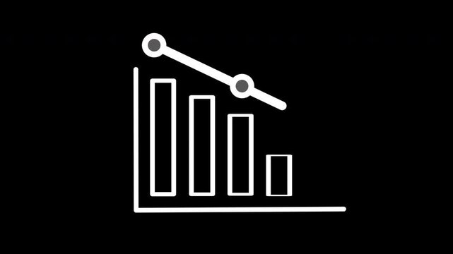 Minimalist white outline hollow bar chart with downward trend line on transparent background 