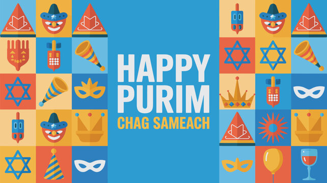 Happy Purim Chag Sameach festive banner with colorful jewish holiday symbols, masks, gifts and traditional celebration pattern