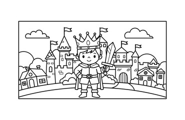 Fototapeta premium Young prince with crown and sword in front of castles and town in coloring page