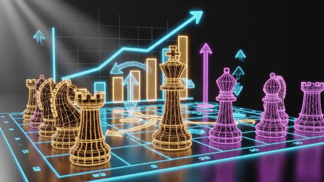 Abstract chess pieces with digital overlay representing strategy and growth