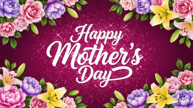 Happy Mother's Day text with colorful floral border on red background