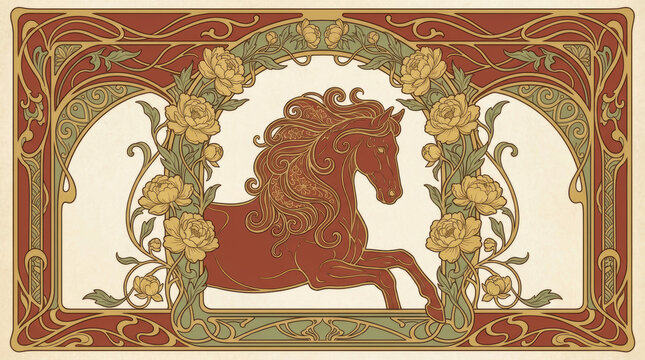 Majestic red horse silhouette within decorative floral frame. This vintage art nouveau illustration features yellow rose flowers and elegant swirls, creating powerful and classic design