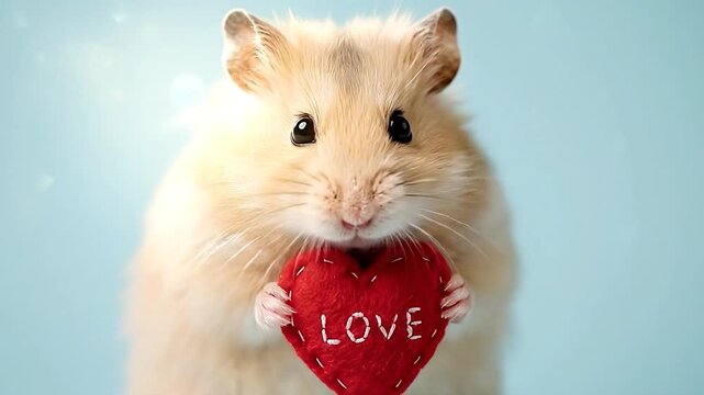 Adorable hamster holding red heart with love concept on a bright blue background.