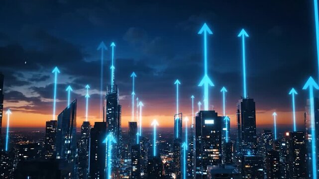 Futuristic city skyline with glowing upward arrows, at twilight