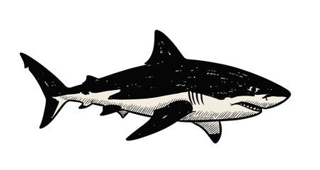 Obraz premium Black and white illustration of great white shark swimming