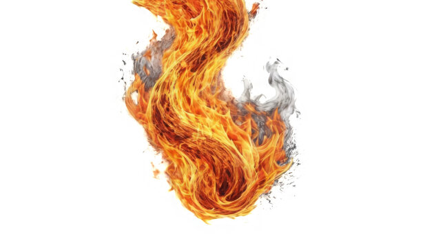 Intense swirling vortex of orange and yellow fire flame with wisps of white smoke twisting upwards on transparent background