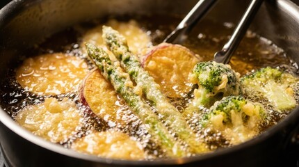 Tempura battered asparagus broccoli and sweet potato slices sizzling in hot oil during deep frying process