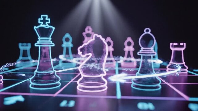 Neon chess pieces on illuminated board representing strategy and games