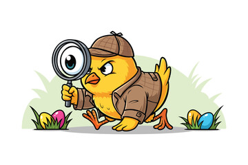 Cartoon Illustration of Easter Chick Detective Searching for Hidden Colored Eggs