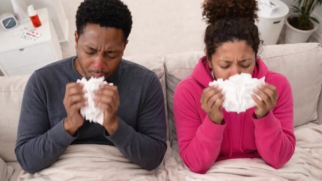 Young couple blowing their nose in tissue at home.