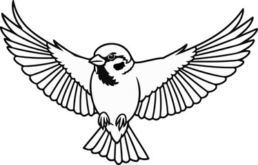 Obraz premium Stylized line art drawing of a small bird in mid-flight, wings spread wide