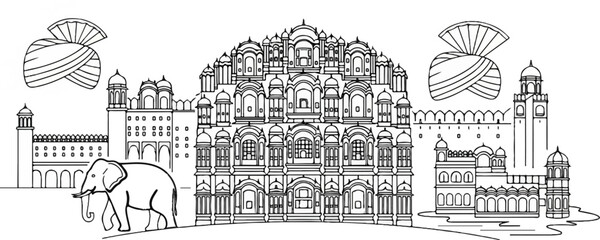 Fototapeta premium Stylized line art of an Indian cityscape with an elephant and turbans