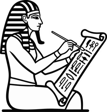 Stylized illustration of an ancient scribe writing hieroglyphs on a papyrus scroll