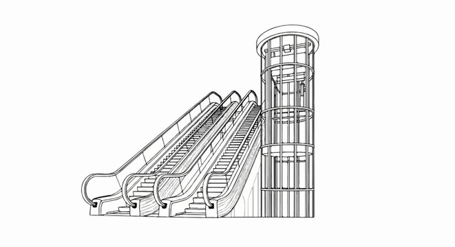 Stylized illustration of escalators and a cylindrical elevator tower