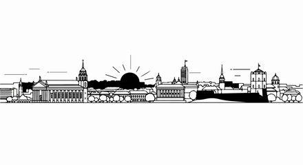 Stylized line drawing of a city skyline with a rising sun