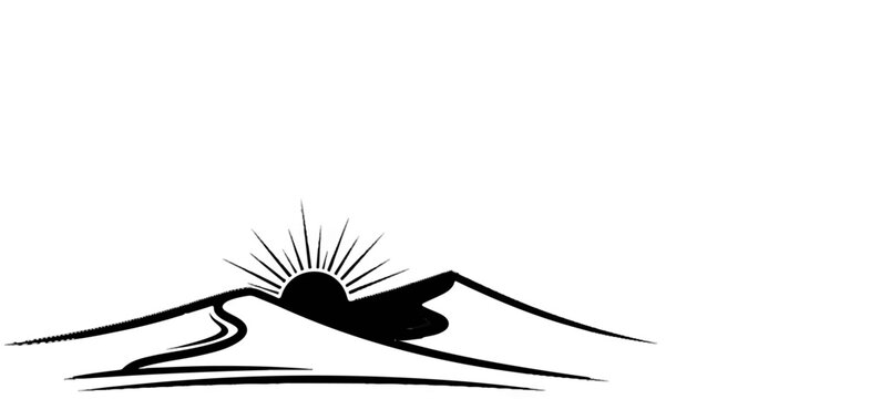 Stylized black and white illustration of a sun rising over desert dunes and a winding path