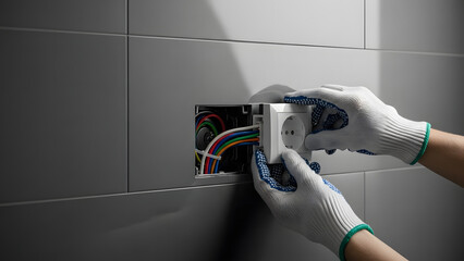 Professional installing new electrical outlet into a grey tiled wall, revealing colorful wires for home renovation concept and safe electrical connection