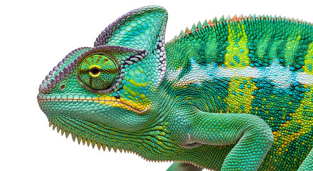 Obraz premium Vibrant green chameleon close-up portrait with detailed scales and colorful patterns on white background