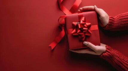 Gift box held with both hands over red background.