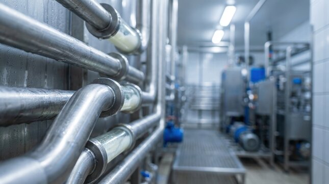 Stainless steel pipes displaying liquid contents and condensation within a clean industrial processing facility