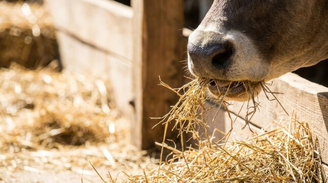 Close up of a brown cow's snout eating dry hay from a rustic wooden feeder