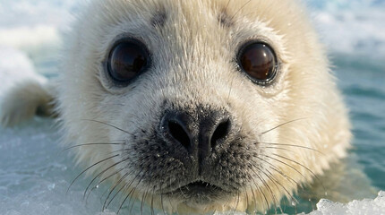 Extreme Close-Up Of Curious Baby Seal Pup Face Lying On Ice In Arctic Ocean