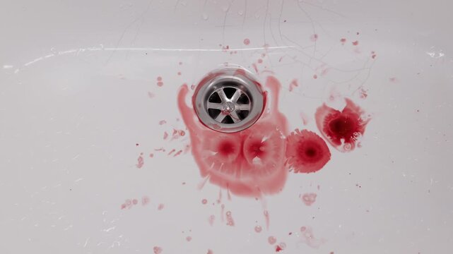 Bright red drops fall rapidly onto the white porcelain surface, splashing and pooling around the metal drain. Concept of severe injury, medical emergency, or scary crime scene investigation.
