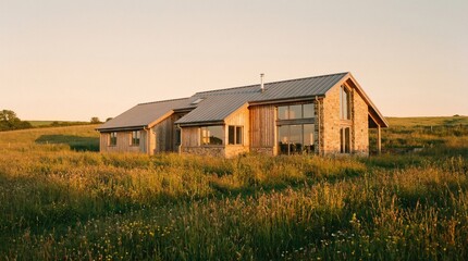Obraz premium Modern countryside home with wooden exterior and large windows in a serene grassy field at sunset