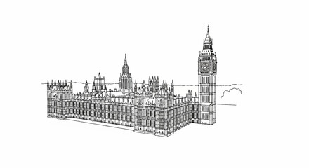 Stylized line drawing of a grand gothic-style building with a tall clock tower