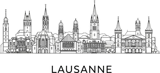 Fototapeta premium Stylized black and white line art skyline of a city featuring prominent spires and towers