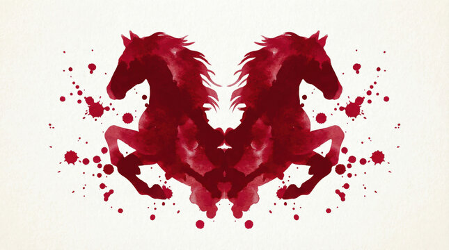 Red symmetrical Rorschach inkblot test with horse and blood splatter design. This abstract psychology concept shows powerful, passionate, and wild interpretation of mind