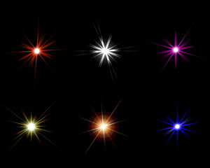 A collection of vibrant starburst effects in various colors on a black background