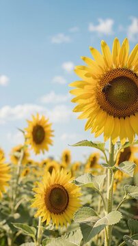 Sunflowers bloom in expansive field beneath soft blue sky with open copy space on right for text or graphic elements; golden petals and textured centers form warm natural backdrop for seasonal and agr