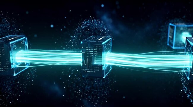 Abstract Digital Blockchain Network with Glowing Data Cubes and Light Beams, Illustrating Secure Information Transfer and Technology. 4k slow motion.	