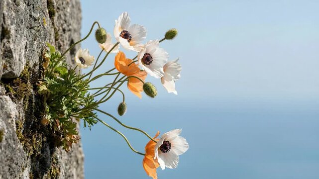 Poppies grow on rocky cliffside with ocean and soft sky in background, offering delicate floral contrast and ample empty space on right for text or design elements in editorial and commercial layouts